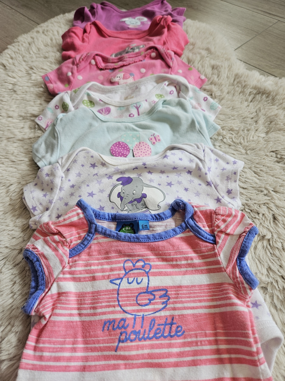 Lot of 7 Baby Girl Onesies Size 6 Months | Disney Dumbo & Patterns | Pink Purple